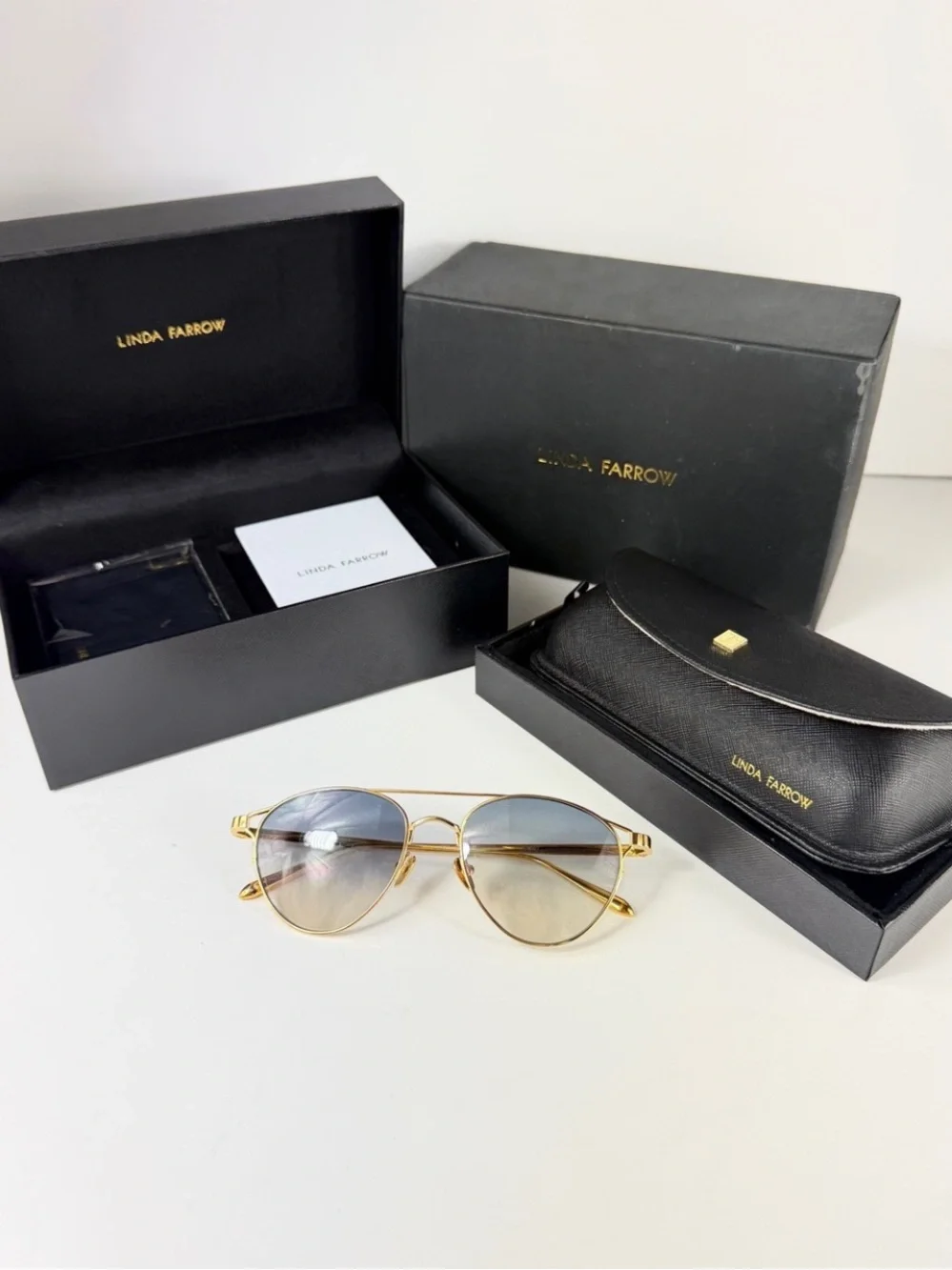 Linda Farrow Omar Aviator Sunglasses Gold Blue LFL804 C7 Titanium NWT Full Set